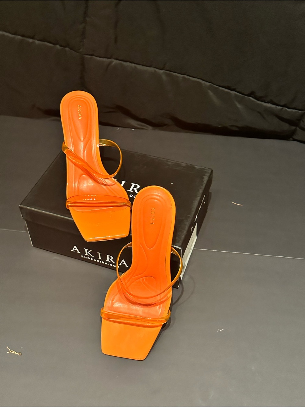 AKIRA Orange Square-Toe Minimalist Strappy Heels